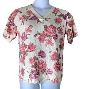Vintage Sophia Morgan Knit Top Size Small Pink Floral Print V Neck Womens